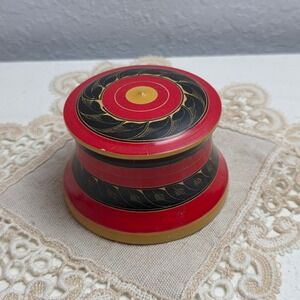 Vintage Russian Small Wooden Trinket Box Hand Painted Red Black Gold Lacquer